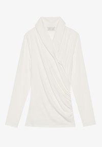 White long-sleeve top with a draped design, featuring a wide collar and gathered detailing on the side. Made from a smooth, lightweight fabric.