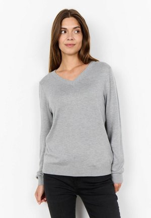 Grey v-neck sweater with long sleeves and ribbed cuffs. Simple design, made of soft knit fabric, featuring a relaxed fit.
