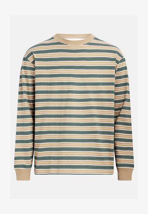 Koszula z długim rękawem w kolorze beżowym z poziomymi paskami w ciemnej zieleni i bieli. Okrągły dekolt i ściągacze przy mankietach. Miękki bawełniany materiał.