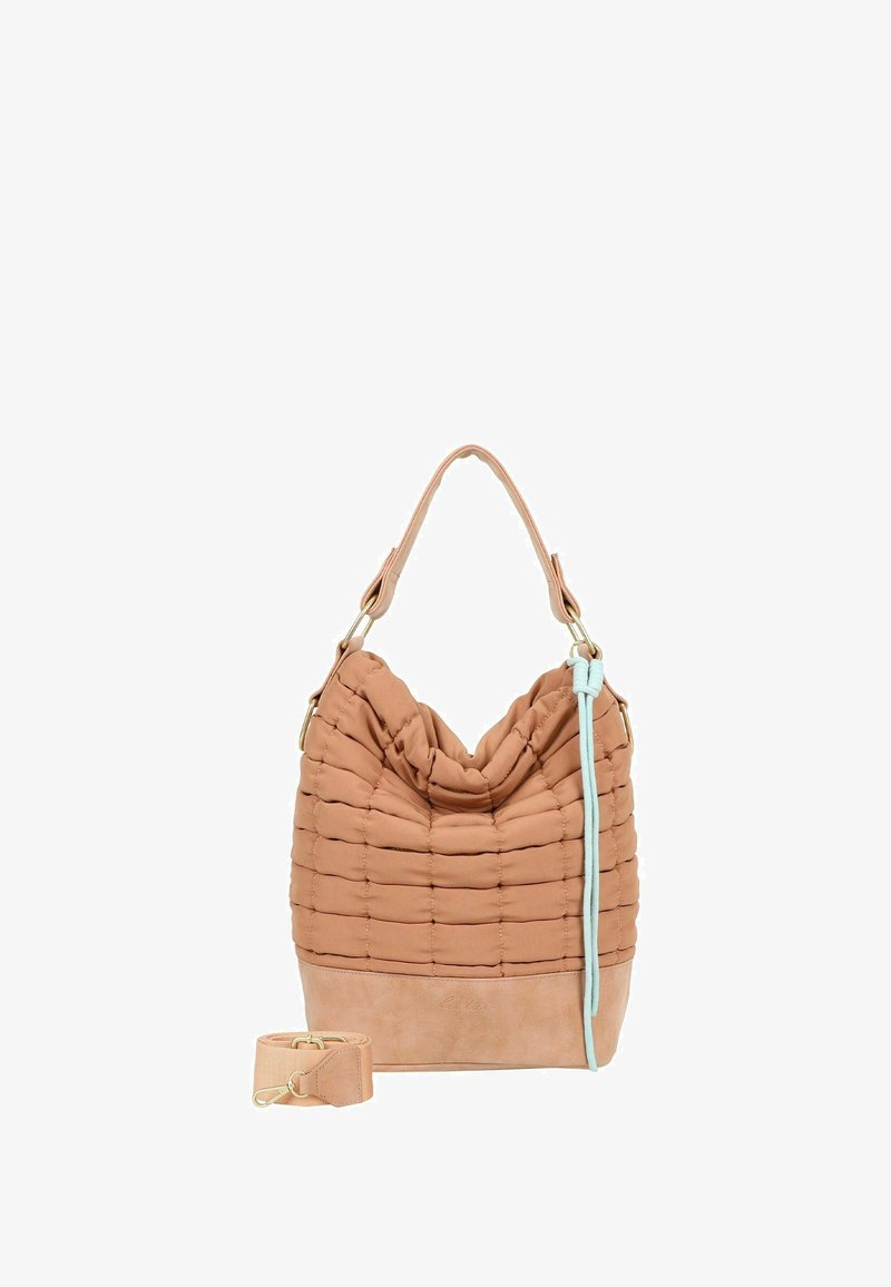 Sac d'épaule matelassé marron avec poignée souple, détail à cordon bleu et bandoulière assortie amovible placée à côté.