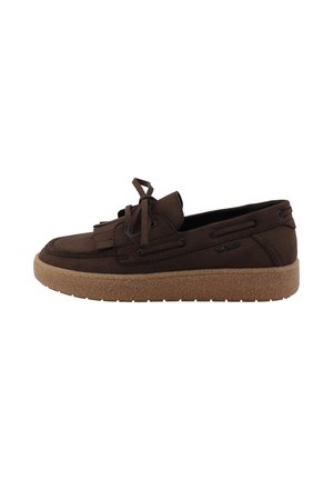 Brown suede loafer with lace detail and fringed front, light brown textured rubber sole, side logo "Tom Tailor," slip-on style.