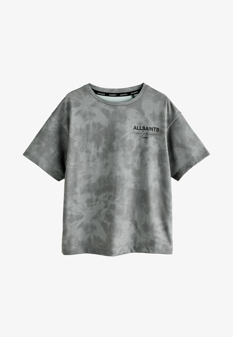 Harmaa solmuvärjätty lyhythihainen t-paita, joka on valmistettu pehmeästä kankaasta ja jossa on pyöreä kaula-aukko sekä kohopainettu "ALLSAINTS" -logo edessä.