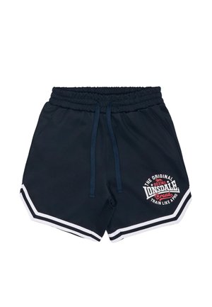 Laivastonsiniset urheilushortsit, joissa on joustava vyötärönauha, kiristysnyöri, valkoinen raidan somistus ja "Lonsdale Boxing Brand" -logo vasemmassa lahkeessa.