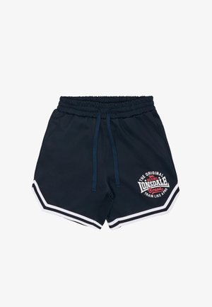 Laivastonsiniset urheilushortsit, joissa on joustava vyötärönauha, kiristysnyöri, valkoinen raidan somistus ja "Lonsdale Boxing Brand" -logo vasemmassa lahkeessa.