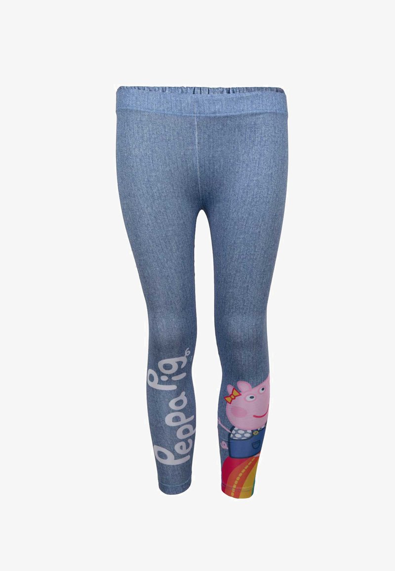 Leggings de mezclilla con cintura elástica, que presentan un gráfico de Peppa Pig y un diseño de arcoíris colorido en una pierna. Textura suave, forma ajustada.