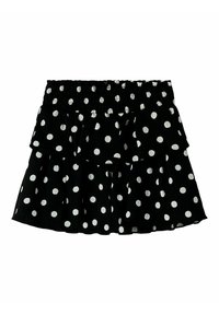 Zwarte rok met stippen in een gelaagd ruches ontwerp; heeft een elastische tailleband en witte cirkelvormige patronen die gelijkmatig verspreid zijn.