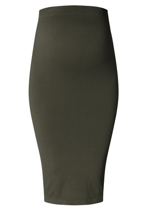 Olivgrüne, gerippte Midirock mit tailliertem Schnitt, ausgestattet mit einem glatten Bund und ohne sichtbare Beschläge oder Muster.