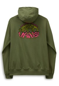 Felpa verde oliva con cappuccio, caratterizzata da un design grafico di una lucertola e la parola "VANS" in rosa, con una vestibilità attillata e cappuccio con cordino.