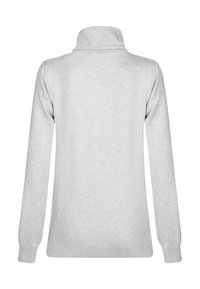 Jasnoszary sweter z wysokim kołnierzem i długimi rękawami. Miękka tekstura, z prążkowanymi mankietami i dołem. Minimalistyczny design, bez widocznych wzorów czy akcentów.