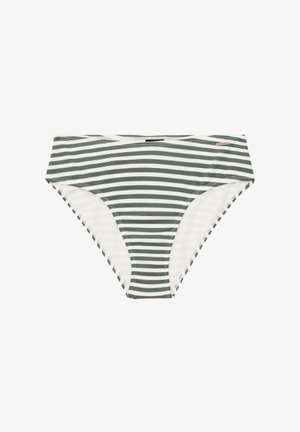 Parte inferiore del bikini a righe con una combinazione di verdi scuri e bianchi, realizzata in tessuto morbido, con un taglio moderato e una buona elasticità.