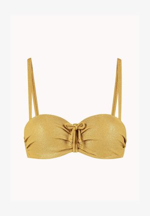 Goldfarbenes Metallic-Bikinitop mit strukturierter Oberfläche, gerafften Details und einem mittigen Knoten. Verstellbare dünne Träger unterstreichen das Design.