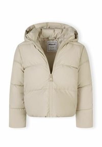 Giacca puffer beige con cappuccio, chiusura con zip e forma corta, leggermente ampia. Presenta pannelli cuciti e una superficie morbida e texturizzata.