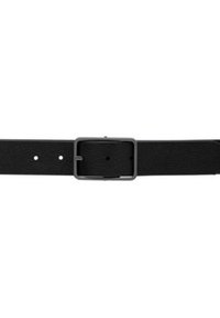 Schwarzer Leder Gürtel mit strukturiertem Finish, ausgestattet mit einer quadratischen Metall-Schnalle und mehreren Einstelllöchern zum Schließen.