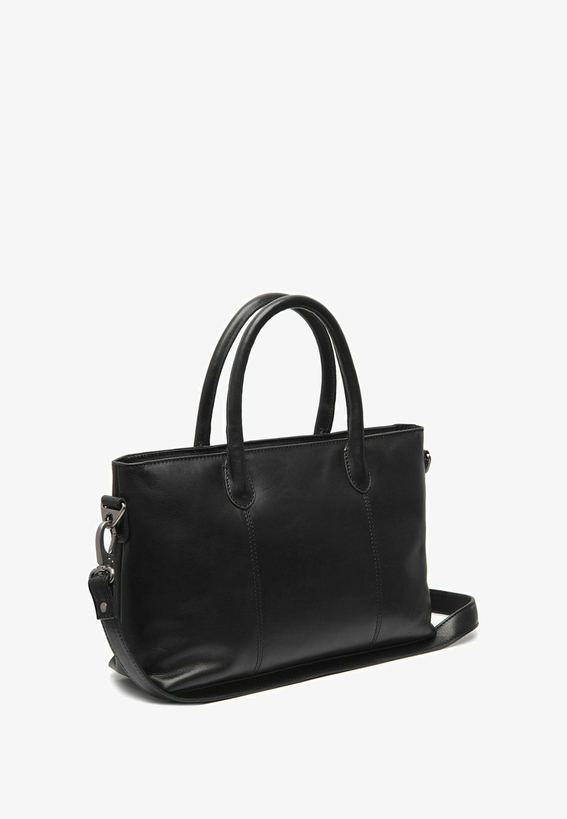 Sac fourre-tout en cuir noir avec deux poignées supérieures et une bandoulière amovible ; texture lisse, forme structurée et design minimaliste.
