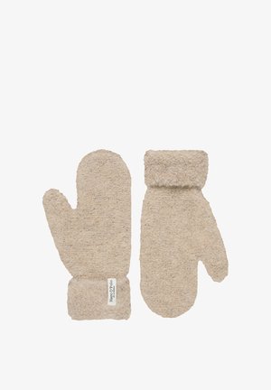 Moufles en tissu beige doux avec une finition texturée, dotées d'un revers plié et d'une étiquette logo à la base. Forme ronde pour plus de chaleur.