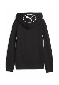 Felpa con cappuccio nera caratterizzata da un logo PUMA bianco sul retro, con profilature bianche in contrasto lungo i lati e polsini a costine.