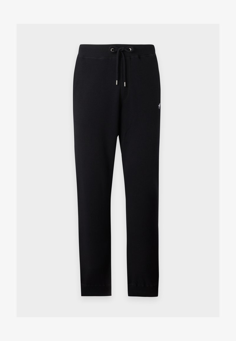 Pantalon de jogging noir à cordon avec taille et poignets élastiques, présenté sur fond gris clair.