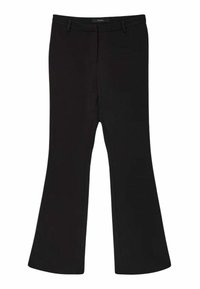 Pantaloni neri a palazzo realizzati in tessuto liscio, con vita media e passanti per cintura, caratterizzati da cuciture ordinate per un aspetto sartoriale.
