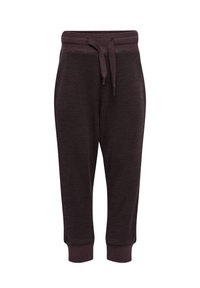 Mörkbruna sweatpants med en strukturerad yta, elastisk midja med snörning och ribbade muddar vid anklarna.