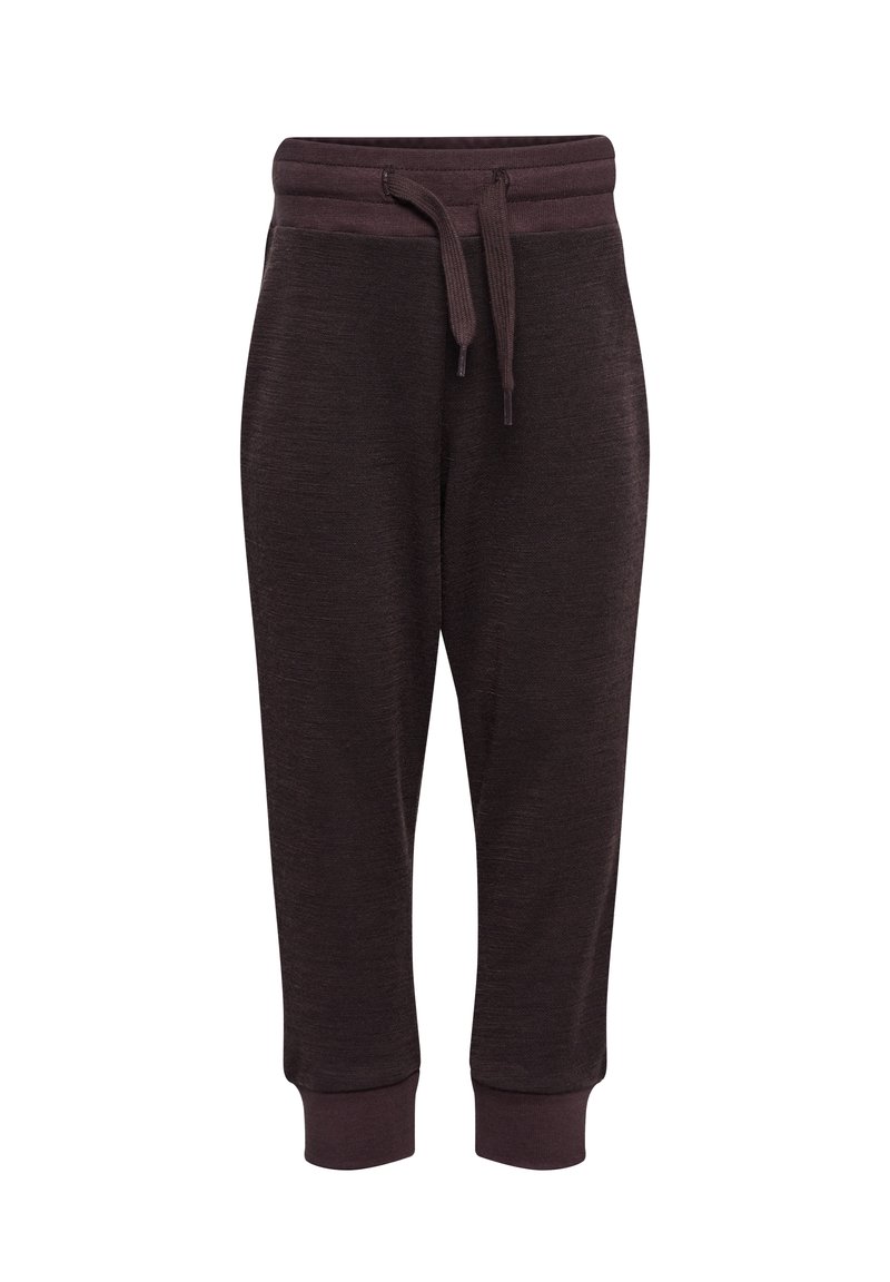 Mörkbruna sweatpants med en strukturerad yta, elastisk midja med snörning och ribbade muddar vid anklarna.