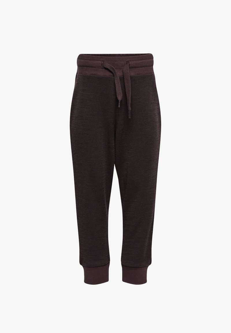 Dunkelbraune Sweatpants mit strukturiertem Finish, elastischem Bund mit Kordelzug und gerippten Bündchen an den Knöcheln.