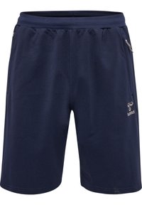 Navyblauwe sportshorts met een elastische tailleband, twee zijzakken en logo-details in een lichtere tint aan de voorkant.