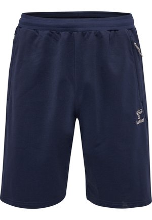 Navyblauwe sportshorts met een elastische tailleband, twee zijzakken en logo-details in een lichtere tint aan de voorkant.