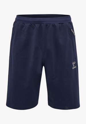 Navyblauwe sportshorts met een elastische tailleband, twee zijzakken en logo-details in een lichtere tint aan de voorkant.
