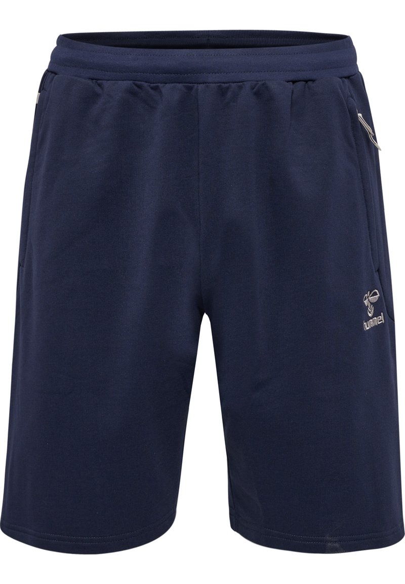 Navyblauwe sportshorts met een elastische tailleband, twee zijzakken en logo-details in een lichtere tint aan de voorkant.