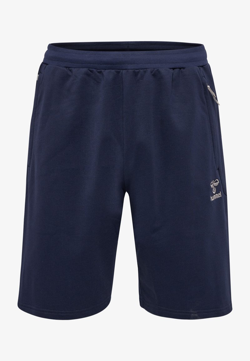 Shorts da atletica blu navy con cintura elastica, due tasche laterali e dettaglio del logo in una tonalità più chiara sul lato frontale.
