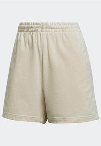 Ljust beige bomullsshorts med elastisk midja, sidofickor och en liten broderad logotyp på nedre vänstra sidan. Slät textur.