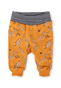 Orange Babyhosen mit schwarz-weißen Feder- und Sternmustern, ausgestattet mit einem schwarz-weißen gestreiften elastischen Bund und Bündchen.