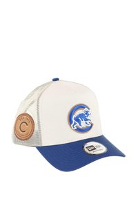 Baseball cap with a cream front and blue visor. Features a blue bear logo and a brown leather patch. Mesh sides for breathability.