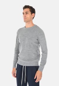 Maglione a maglia grigio chiaro con maniche lunghe, colletto girocollo, polsini e orlo a coste. Indossato sopra pantaloni blu navy con dettaglio a coulisse.