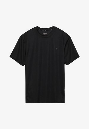 Schwarzes Kurzarm-T-Shirt aus weichem Stoff, mit Rundhalsausschnitt und einem kleinen, schwarzen Logo, das auf der linken Brustseite eingestickt ist.