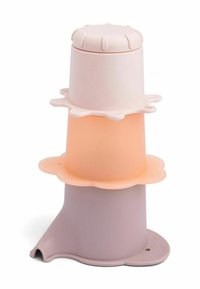 Stack of three pastel-colored silicone toddler cups with spill-proof rims, in pink, peach, and lavender shades.