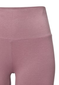 High-waisted leggings in a muted mauve color, made from smooth, stretchy fabric with a ribbed texture and no visible seams.