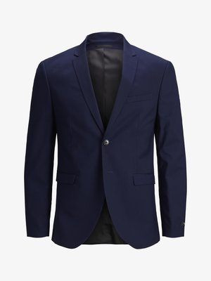 Navy blue blazer with a single button closure, notch lapels, two front pockets, and a smooth texture. Interior is lined in black.