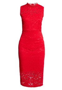 Robe en dentelle rouge à col montant et sans manches. Coupe ajustée, longueur genou, avec motifs floraux et ourlet festonné.