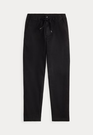 Black, relaxed-fit pants with an elastic waistband, drawstring, and front pockets. Made from smooth, lightweight fabric.