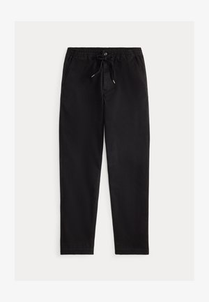 Calças pretas de corte descontraído com cintura elástica, cordão e bolsos frontais. Feitas de um tecido suave e leve.