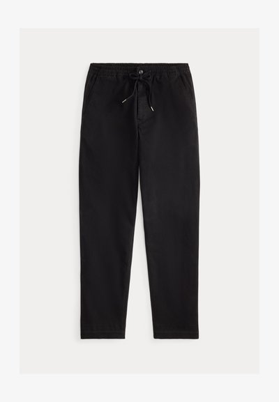 Pantaloni negri, cu croi lejer, cu talie elastică, șnur și buzunare frontale. Confectionați dintr-un țesătură netedă și ușoară.