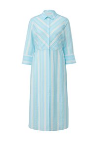 Hellblau gestreßtes Kleid mit Kragen, langen Ärmeln und Knopfschluss; hat vertikale weiße Streifen und einen strukturierten Stoff.