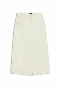 Gonna di jeans bianca con taglio dritto, dotata di due tasche frontali e uno spacco centrale per facilitare i movimenti. Chiusura semplice con bottone e zip.