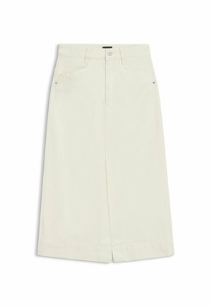 Gonna di jeans bianca con taglio dritto, dotata di due tasche frontali e uno spacco centrale per facilitare i movimenti. Chiusura semplice con bottone e zip.