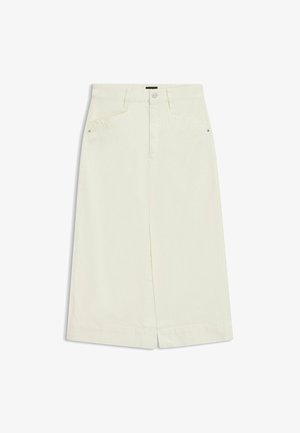 Witte spijkerrok met een rechte snit, voorzien van twee voorzakken en een middenopening voor gemakkelijke beweging. Eenvoudige knoop- en ritssluiting.