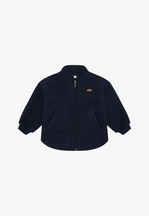 Giacca in pile blu navy con colletto alto, maniche lunghe, due tasche frontali e chiusura con zip. Presenta un piccolo logo in pelle sul petto.