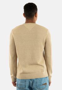 Maglione beige a maniche lunghe con collo rotondo, polsini e orlo a costine, texture liscia, con un dettaglio di cucitura a forma di V sul retro.