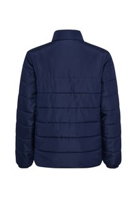 Marineblå pufferjakke med krave, quiltet design og elastiske manchetter. Glat stof med mat overflade og uden synlige dekorationer.