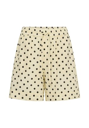 Tejszín színű rövidnadrág fekete pöttyökkel, rugalmas derékrésszel és elöl megkötő zsinórral, fehér háttéren.